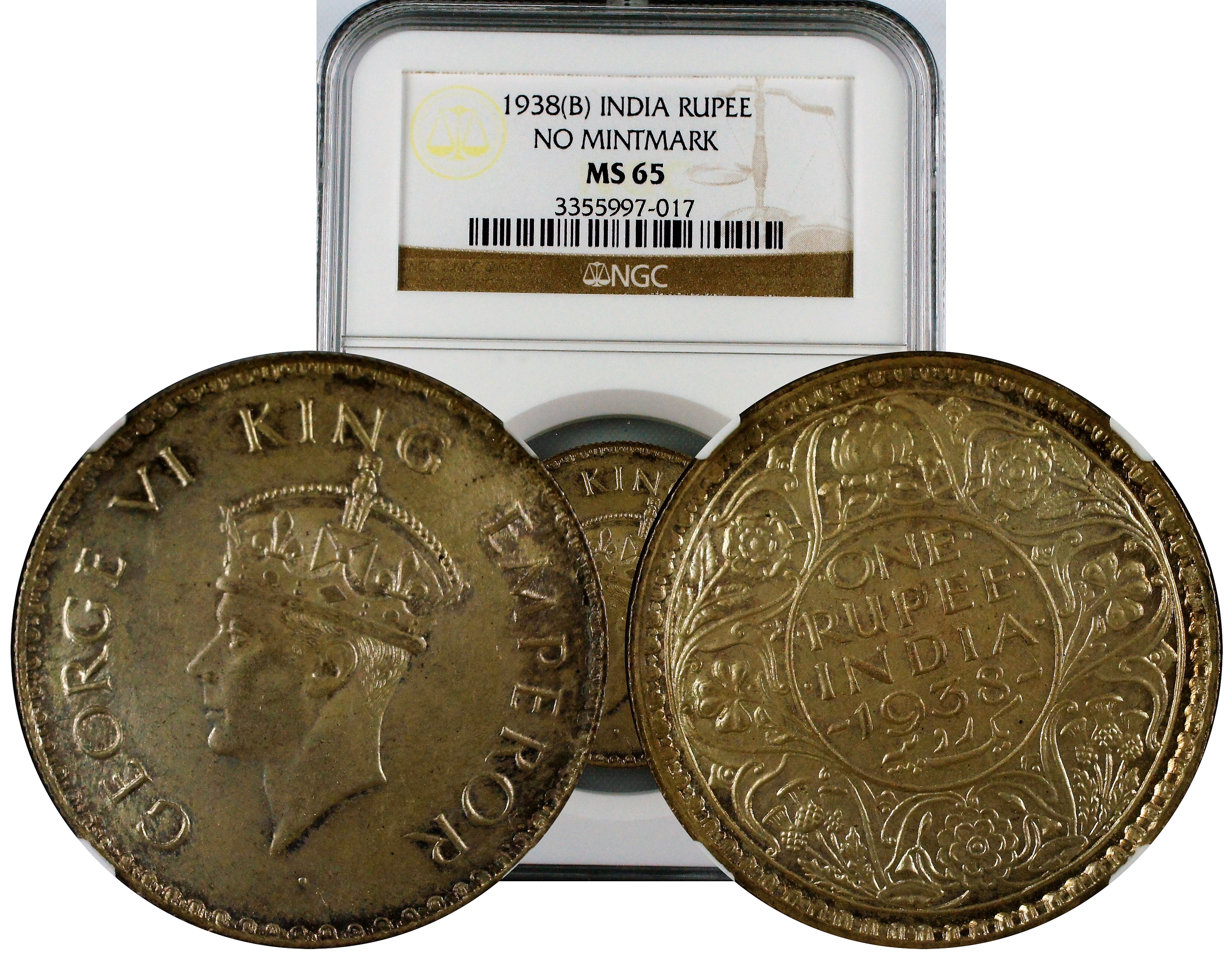 India British 1938 B Rupee No Mintmart NGC MS65