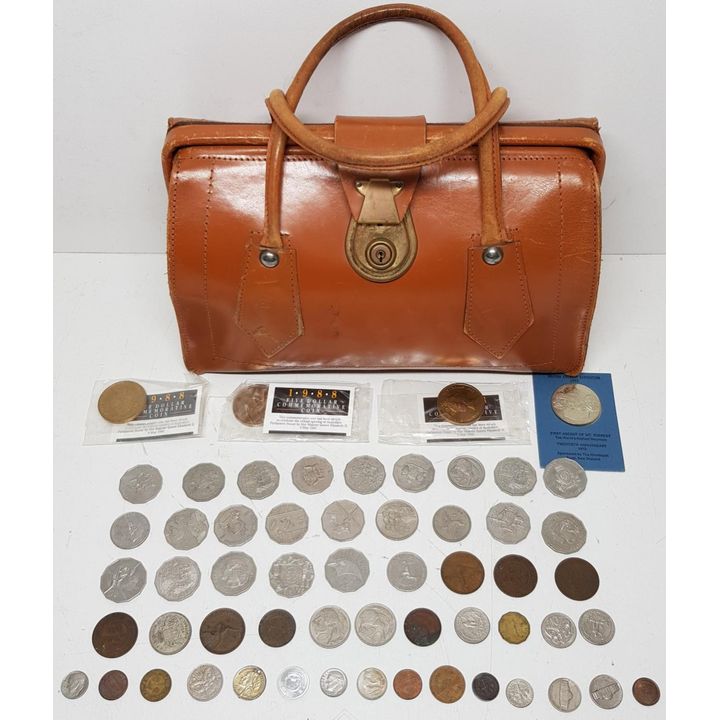 Coins, Medallion and Leather Bag
