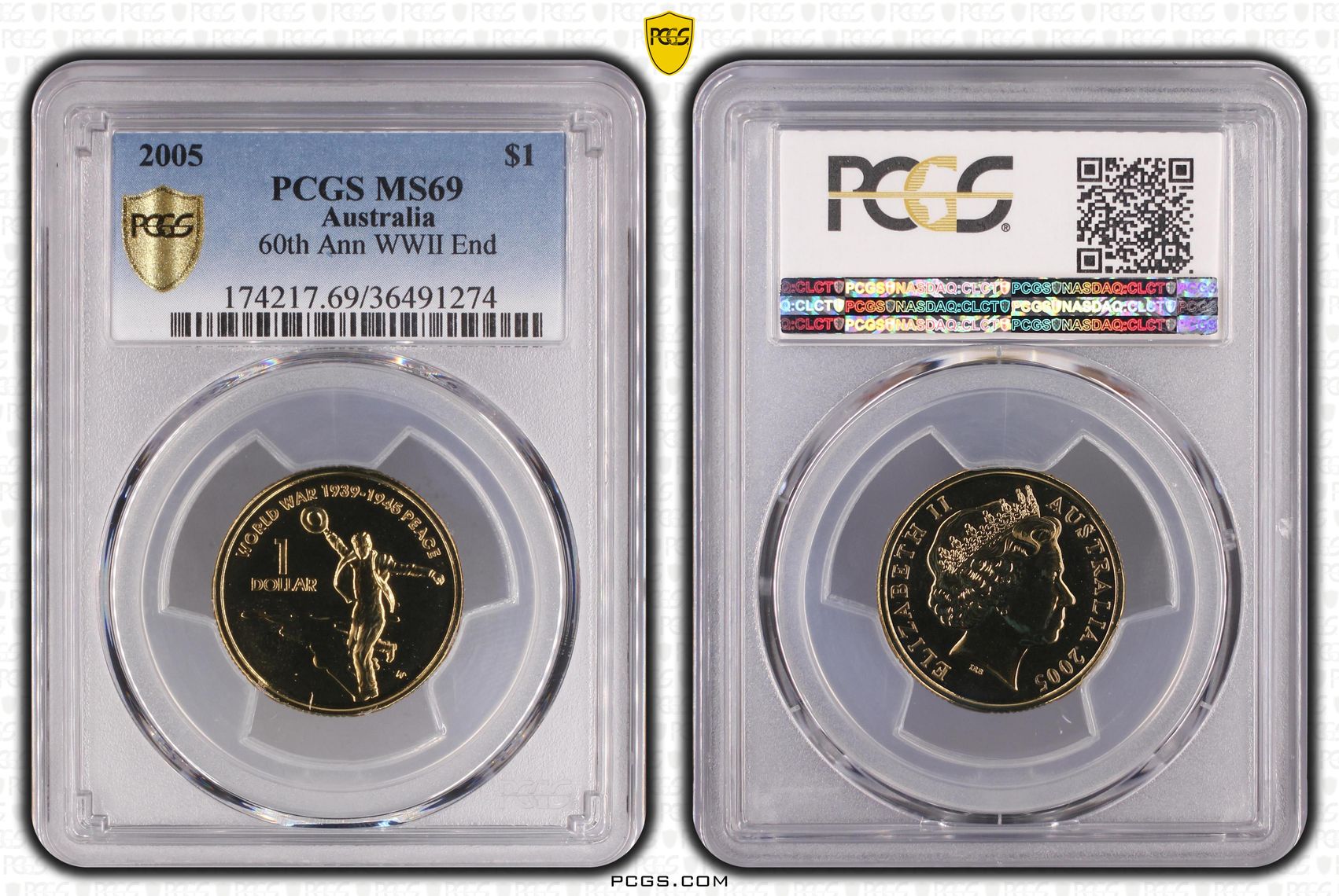 60th Ann WWII End, One Dollar, 2005, PCGS MS69