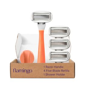 FLAMINGO RAZORS FOR WOMEN, 1 WOMEN'S RAZOR HANDLE (PAPAYA), 4 RAZOR FIVE-BLADE REFILLS, AND 1 SHOWER HOLDER