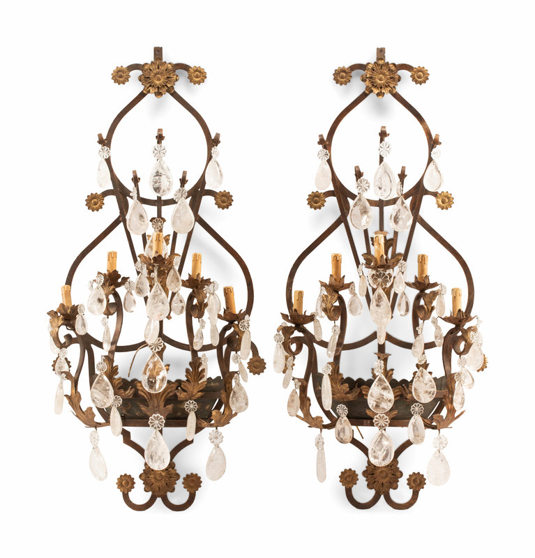 A Pair of Spanish Iron and Rock Crystal Five-Light Sconces
Height 52 x width 24 x depth 11 1/2 inches.