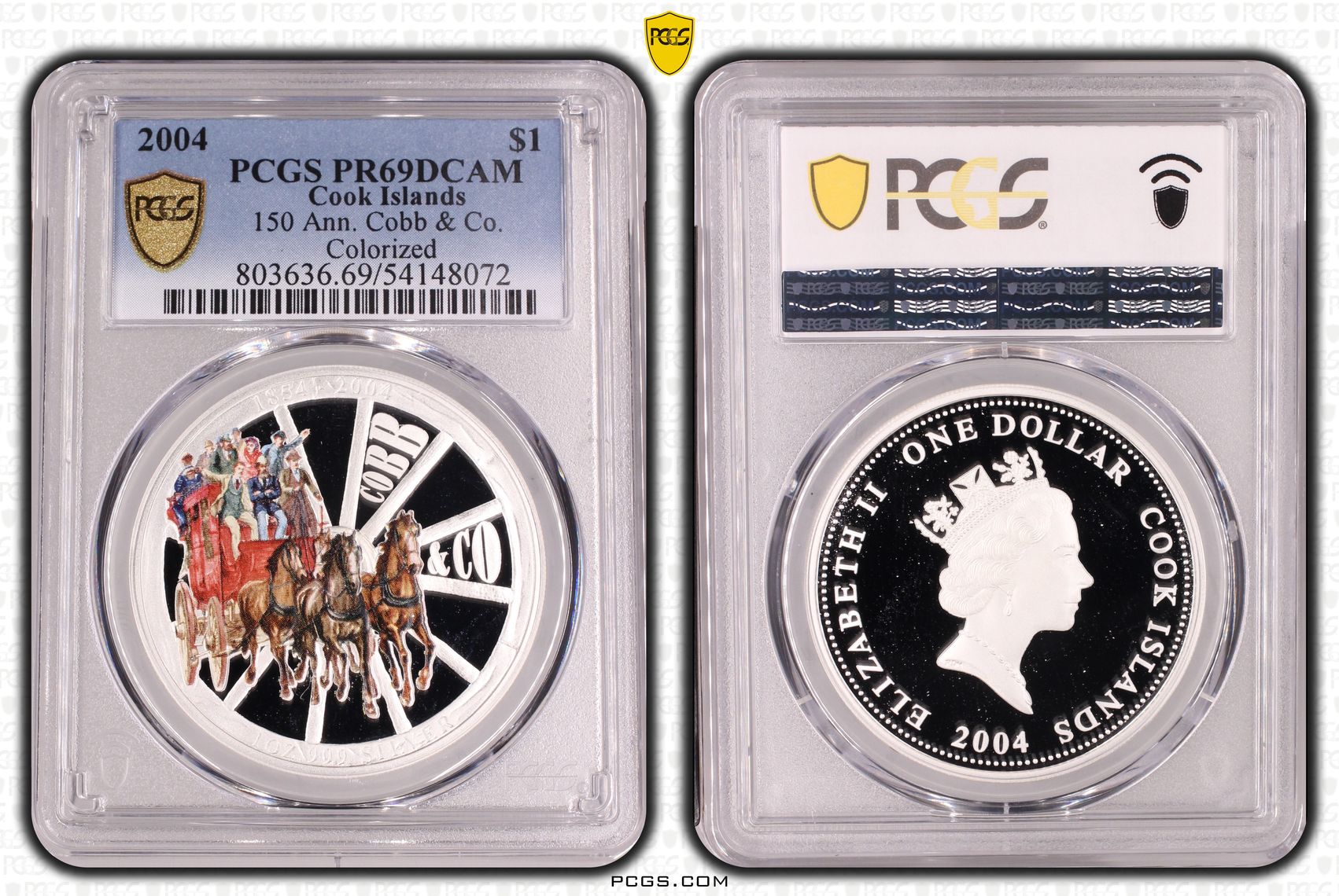 Cook Islands, 150 Ann. Cobb & Co. Colourised Silver, One Dollar, 2004, PCGS PR69DCAM