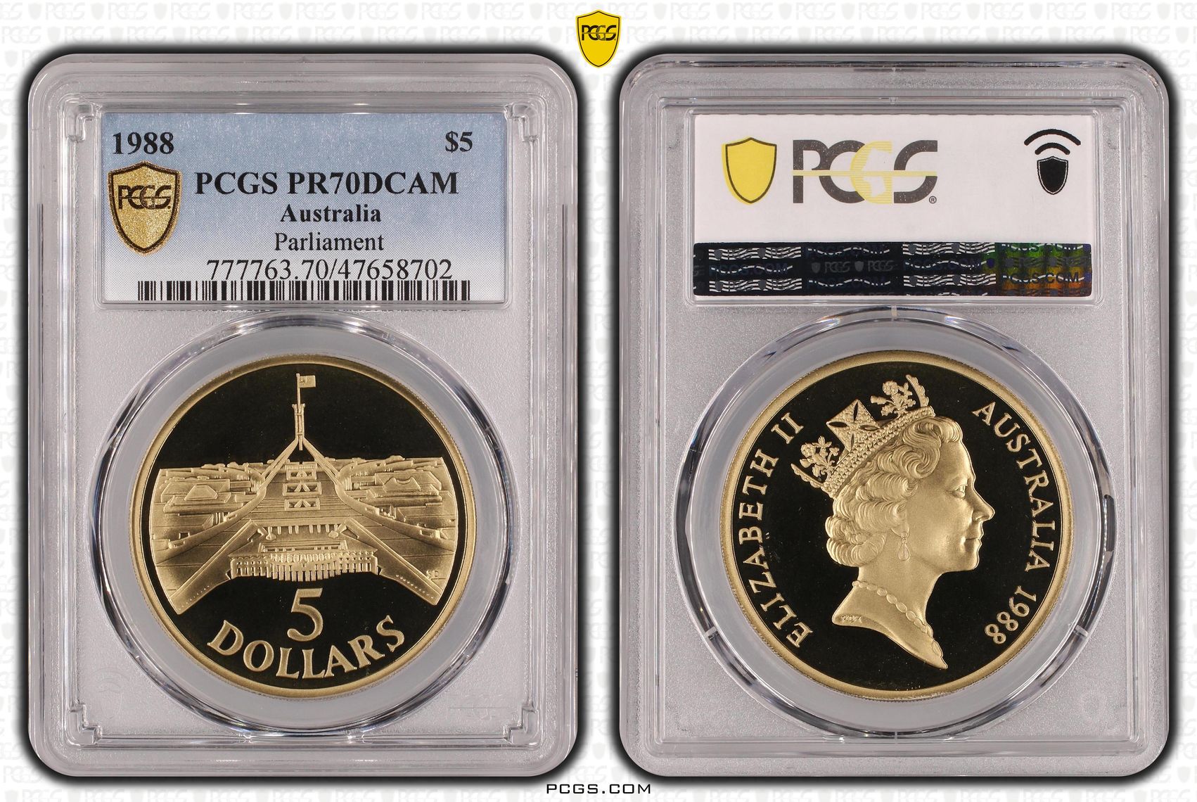 Elizabeth II, Parliament, Pop 7/0, Five Dollar, 1988, PCGS PR70DCAM