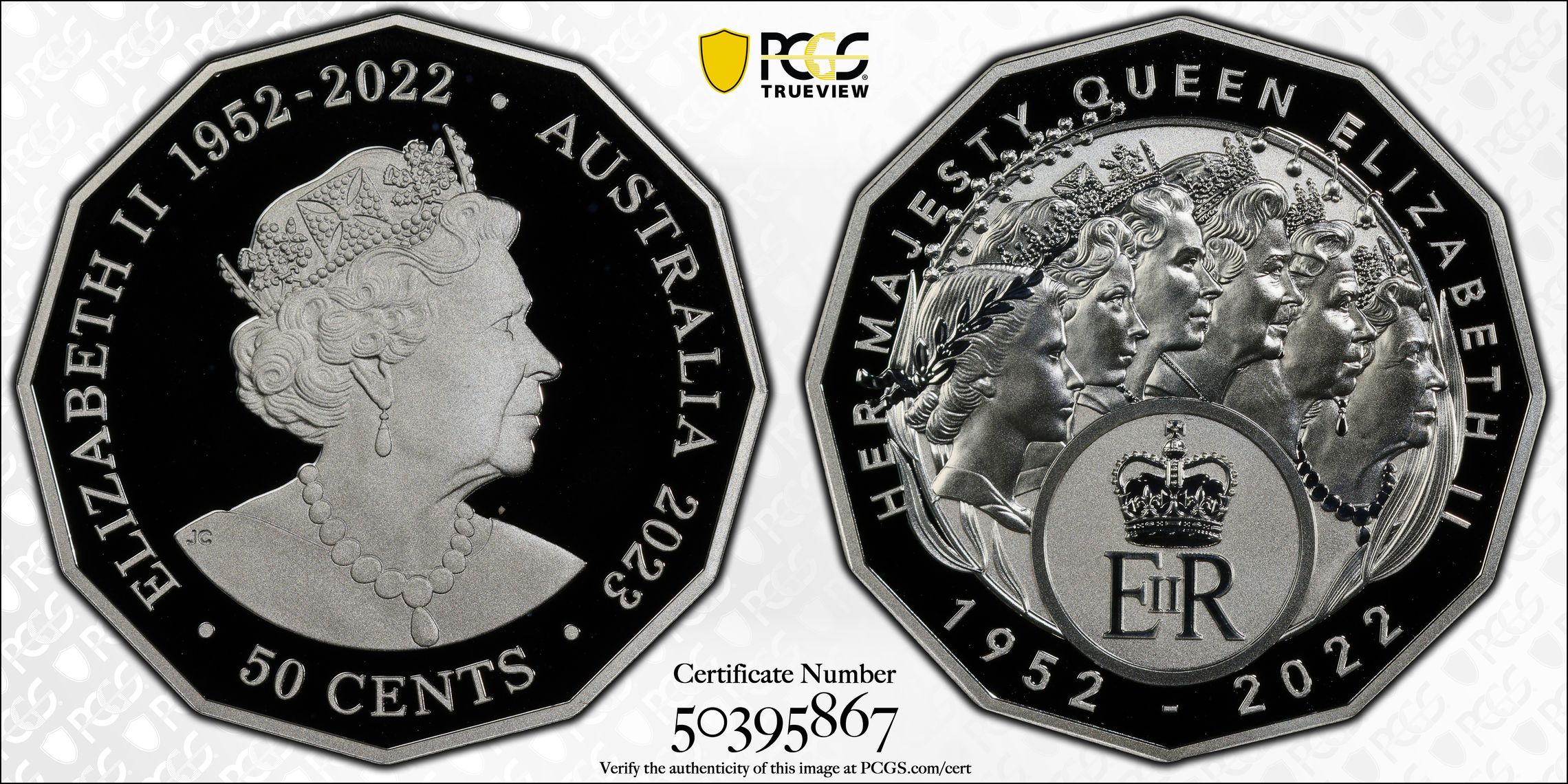 Her Majesty QEII Silver Six Effigies, Fifty Cent, 2023, PCGS PR69DCAM