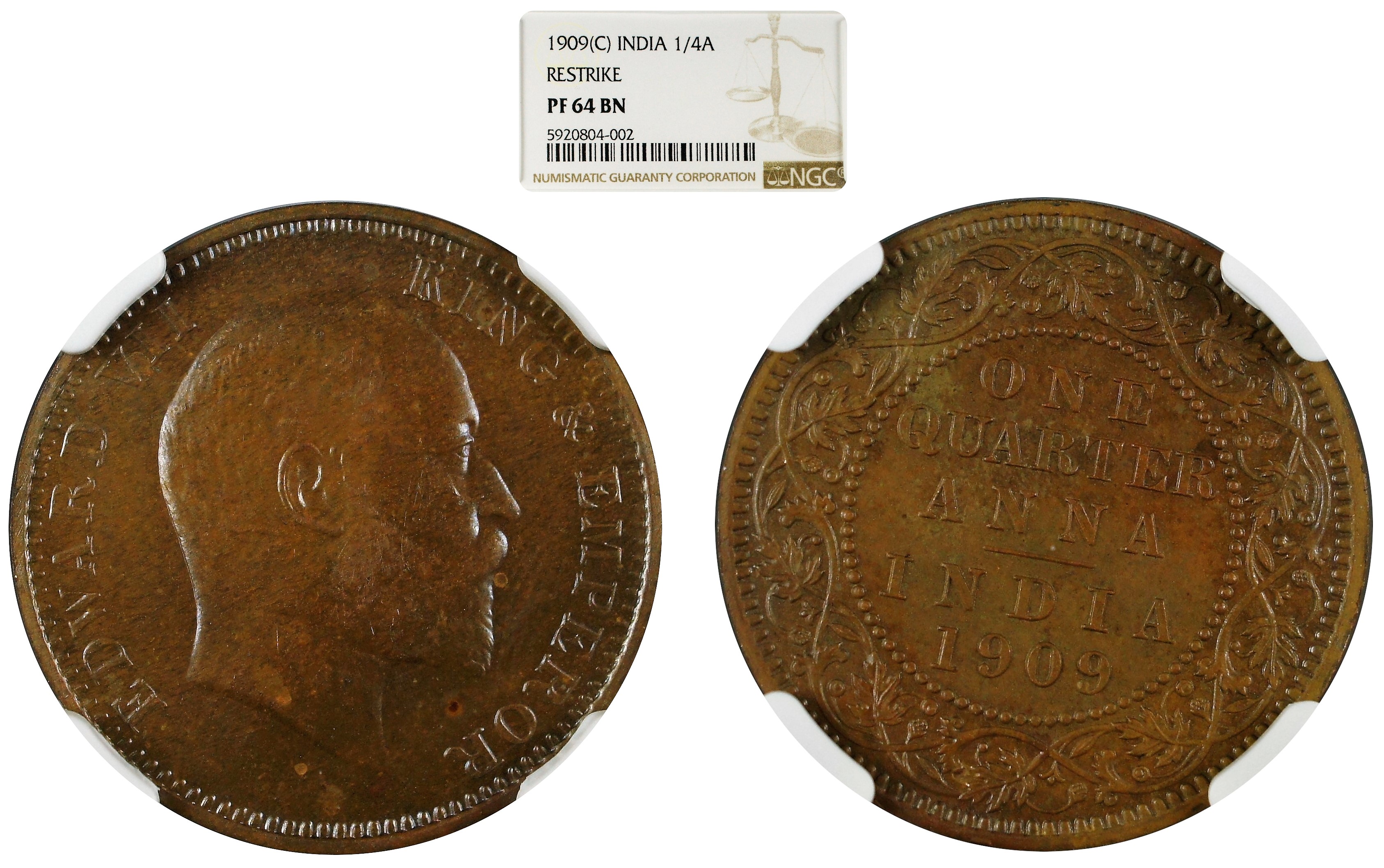 India British 1909 C 1/4 Anna Restrike NGC PF64 - Extremely Rare Date.