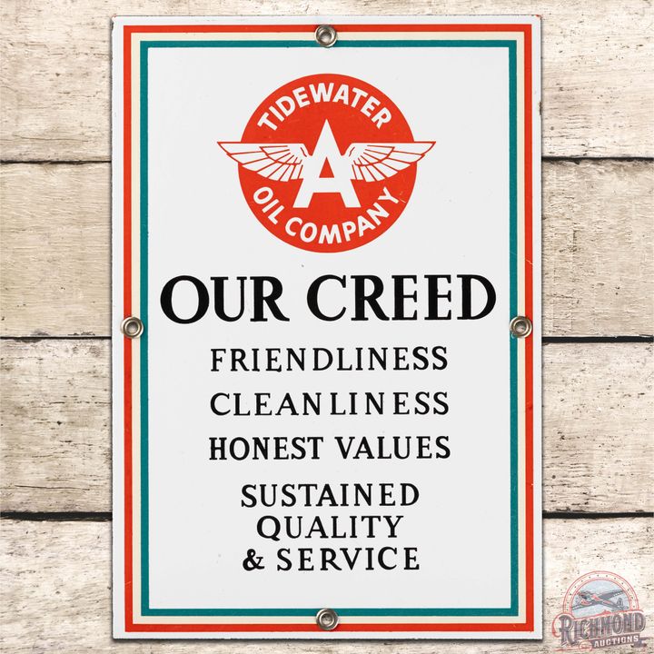 Tidewater Oil Company "Our Creed" SS Porcelain Sign w/ Flying A Logo