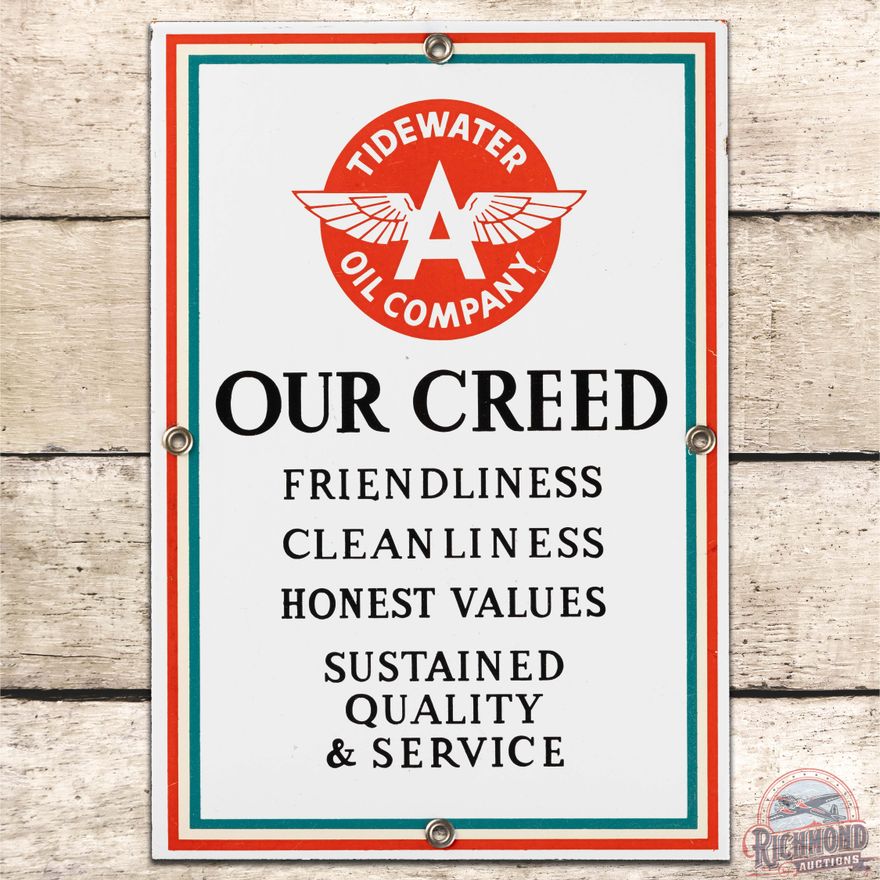 Tidewater Oil Company "Our Creed" SS Porcelain Sign w/ Flying A Logo