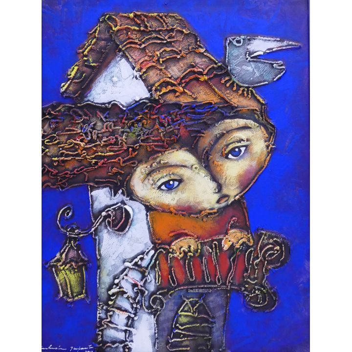 Muchacha XVI' Modern Art Puff Painting on Canvas. Framed.