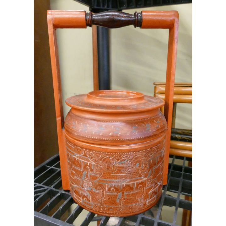Old Burmese Lacquered Handled Food Box- 12x8''