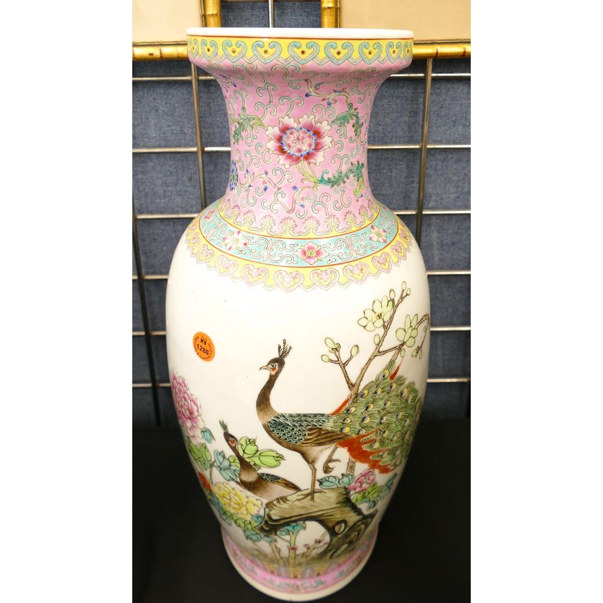Chinese Famille Rose Peacock Large Vase 18''