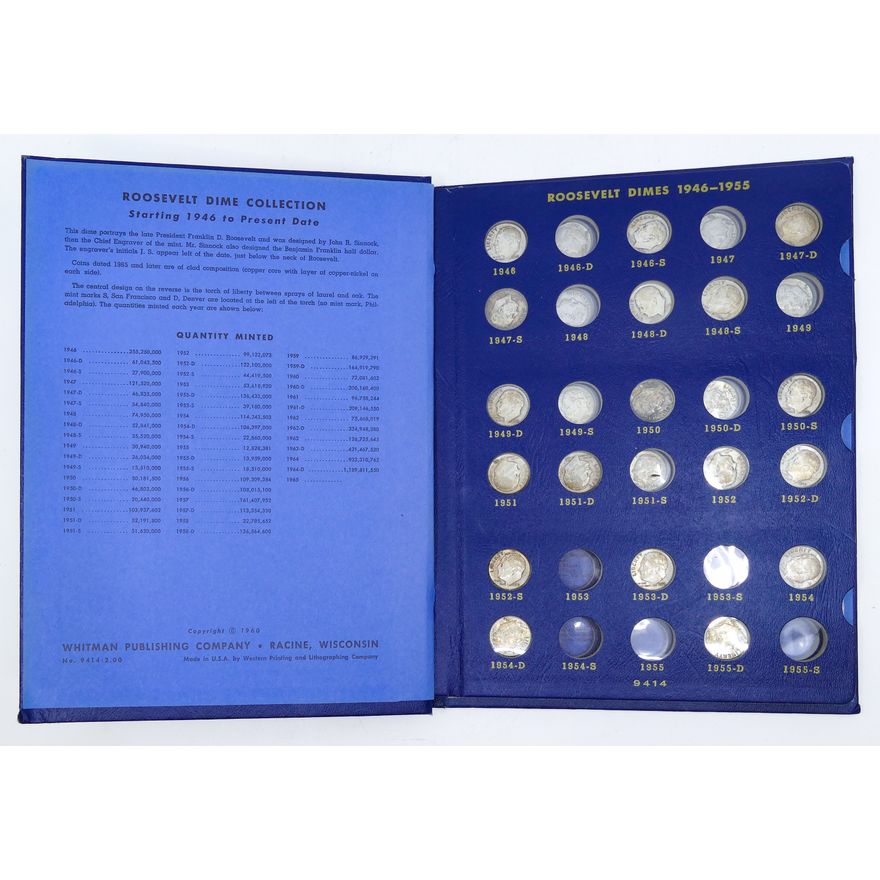 US Roosevelt Silver Dimes 1946-65 Whitman Book 34pc