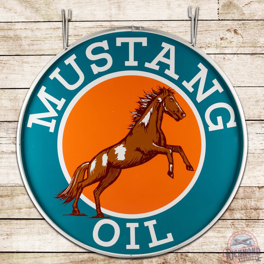 Amazing NOS Mustang Oils Gasoline 72" DS Porcelain Sign w/ Ring