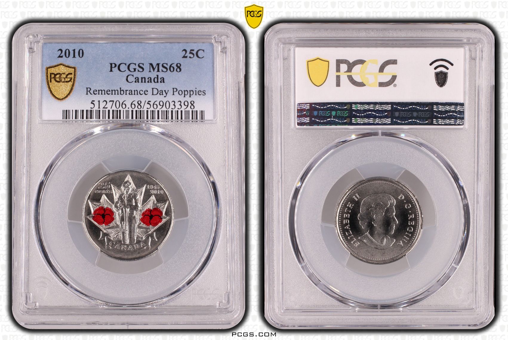 213 · Canada, Remembrance Day Poppies, POP 19/0, Twenty Five Cent, 2010, PCGS MS68