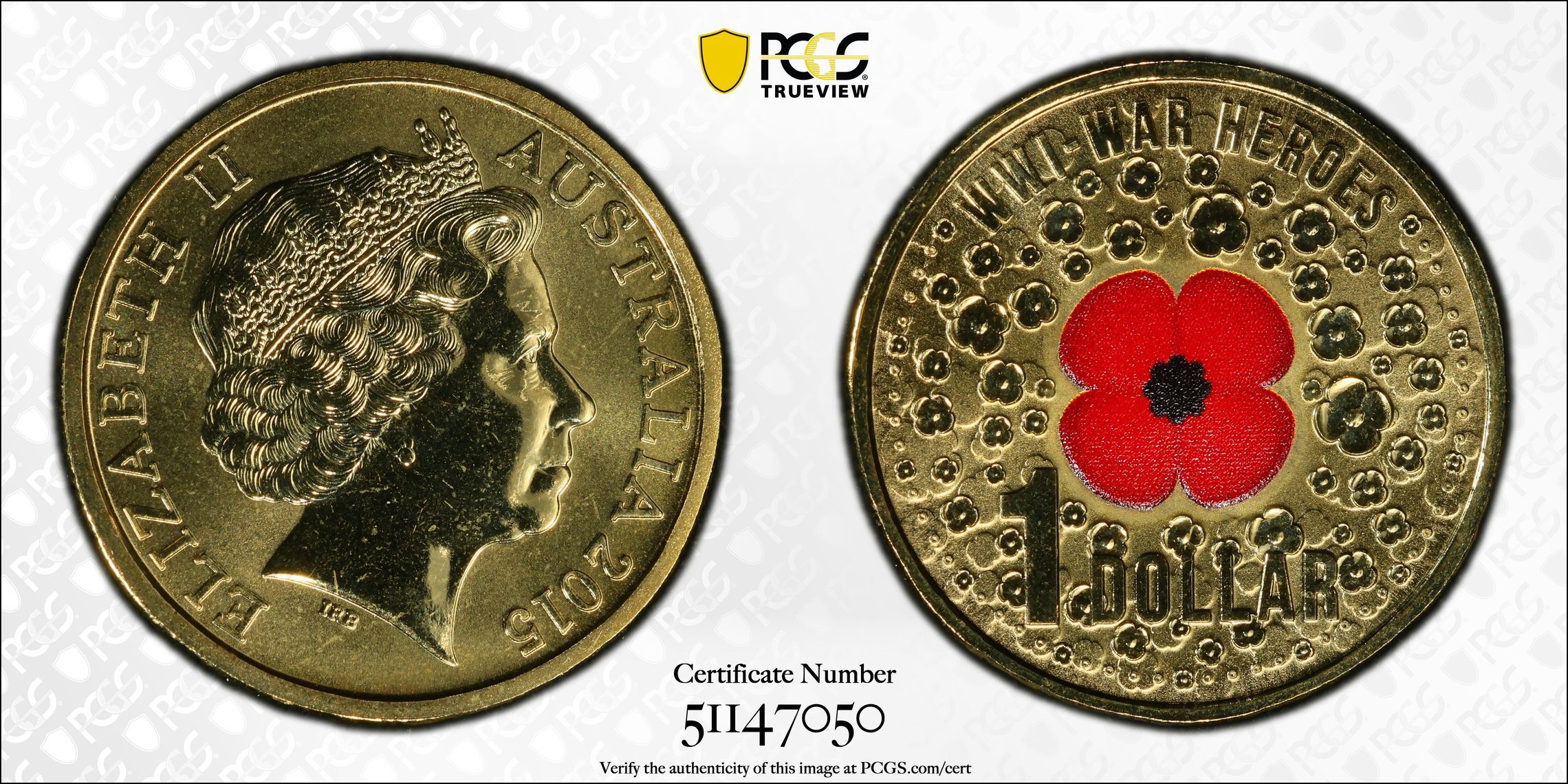 WWI War Heroes-Red Poppy Colorized, One Dollar, 2015, PCGS MS67