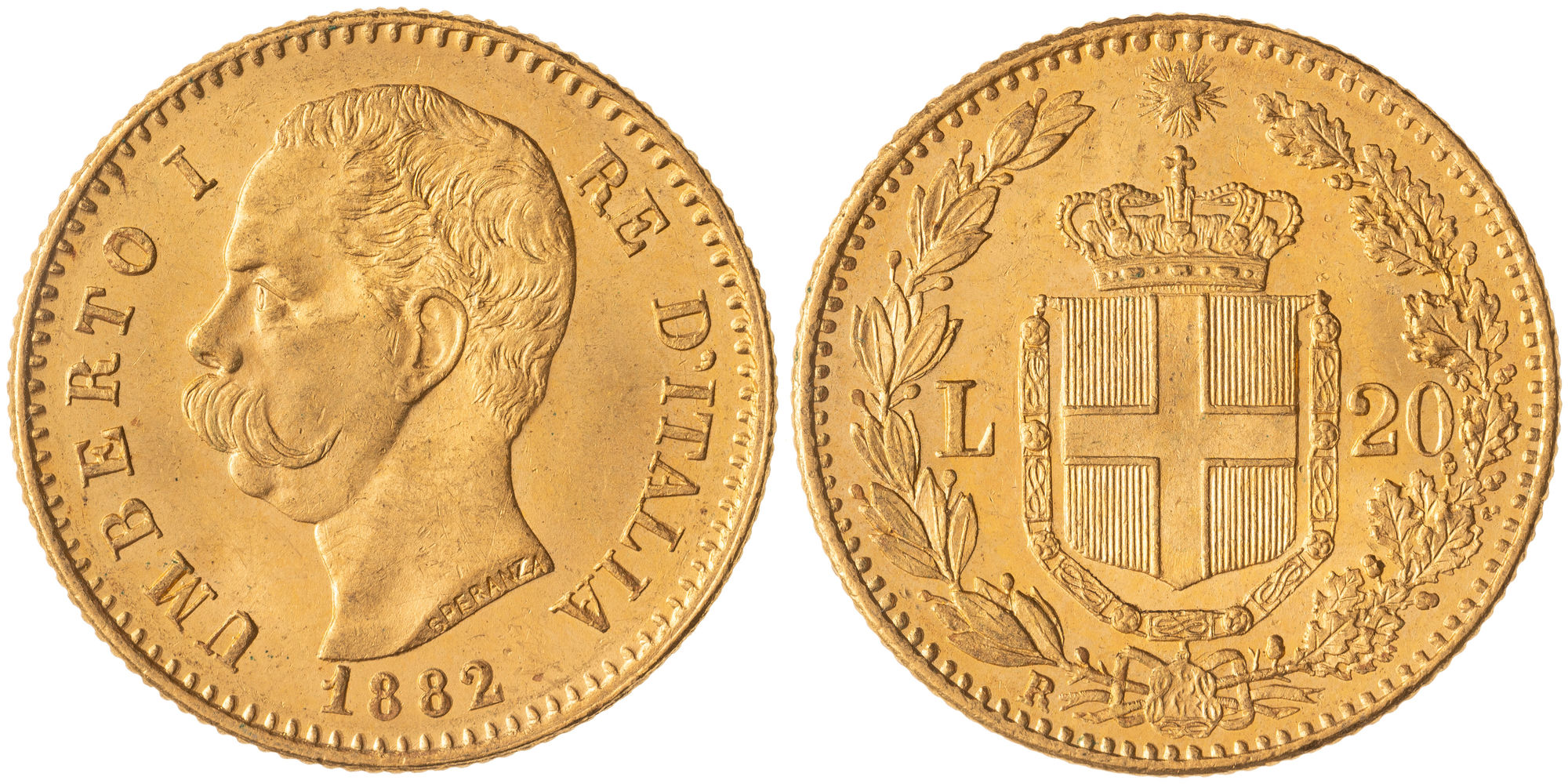 Italy, Umberto I, Twenty Lire, 1882-R, UNC