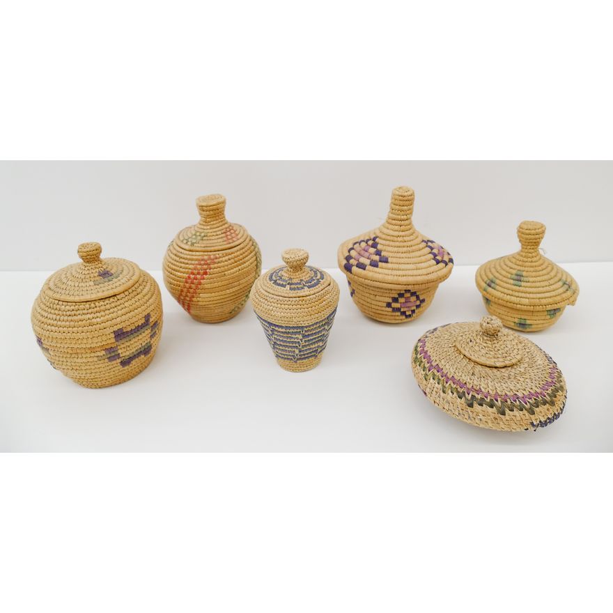 Box 6pc Alaska Miniature Covered Indian Baskets- 2.5'' to 4''