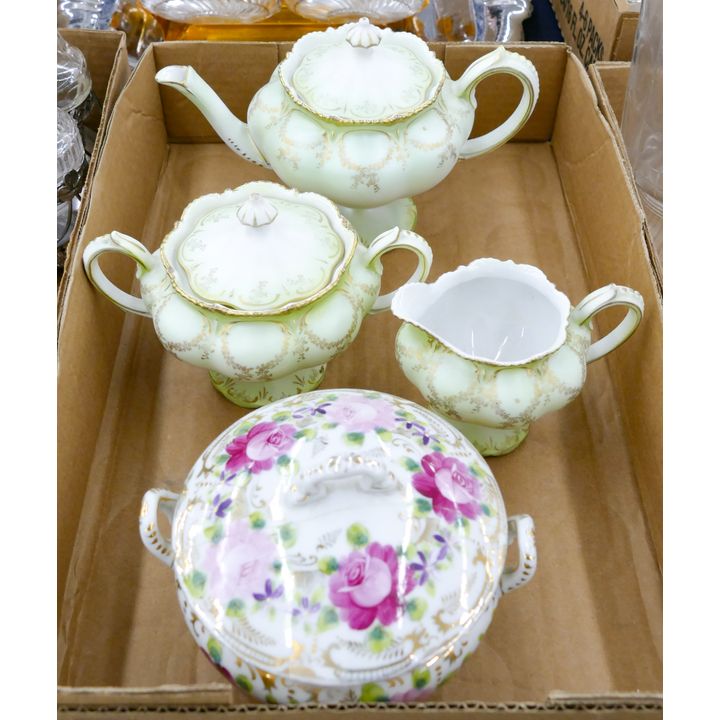 Box 4pc Green Porcelain Tea Set Etc.
