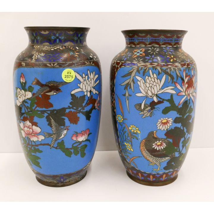 Pair Antique Japanese Cloisonne Floral Bird Vases- 10'' with some damage