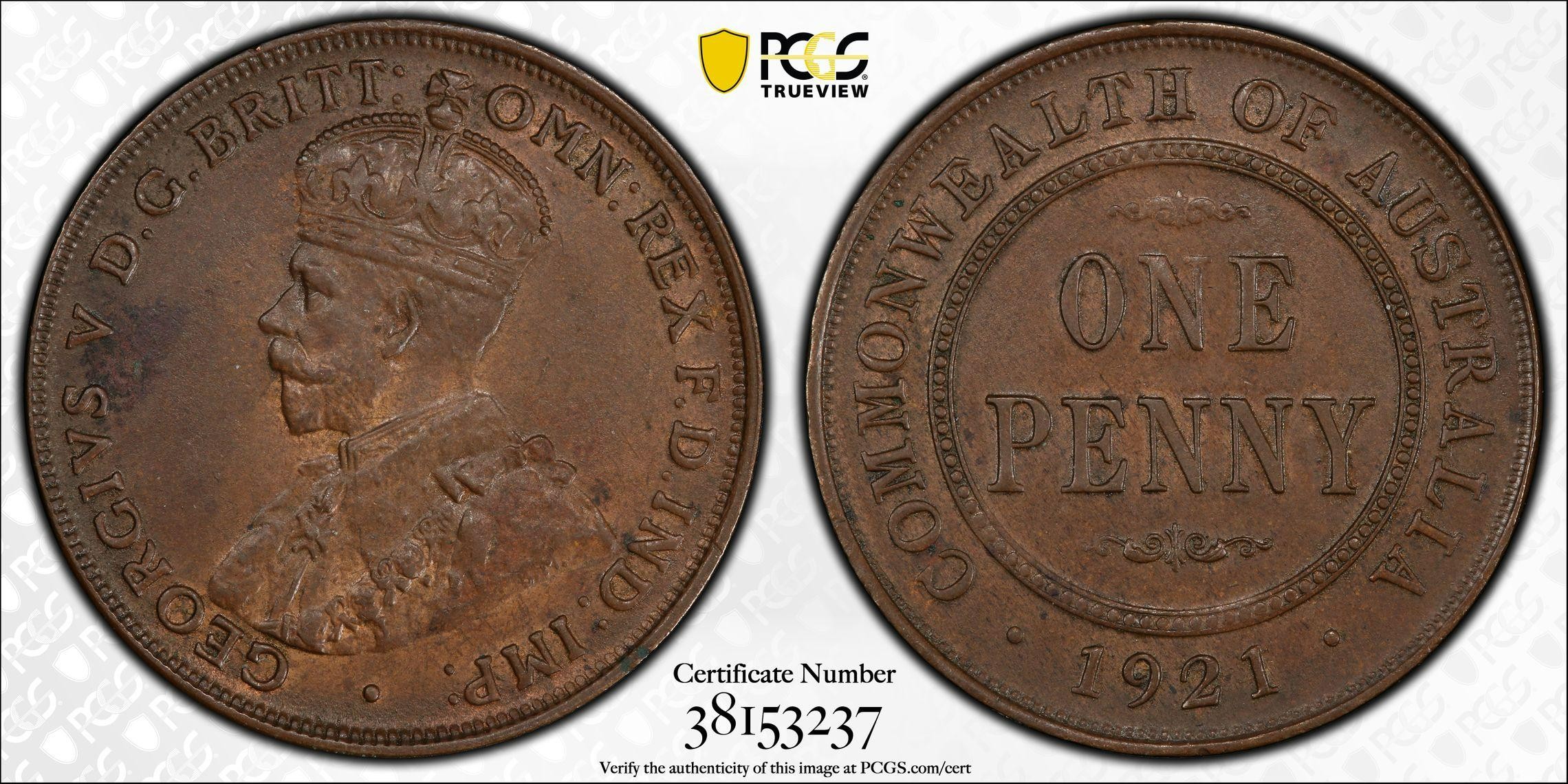 1921 Australia Penny Indian obverse PCGS - AU58BN -237