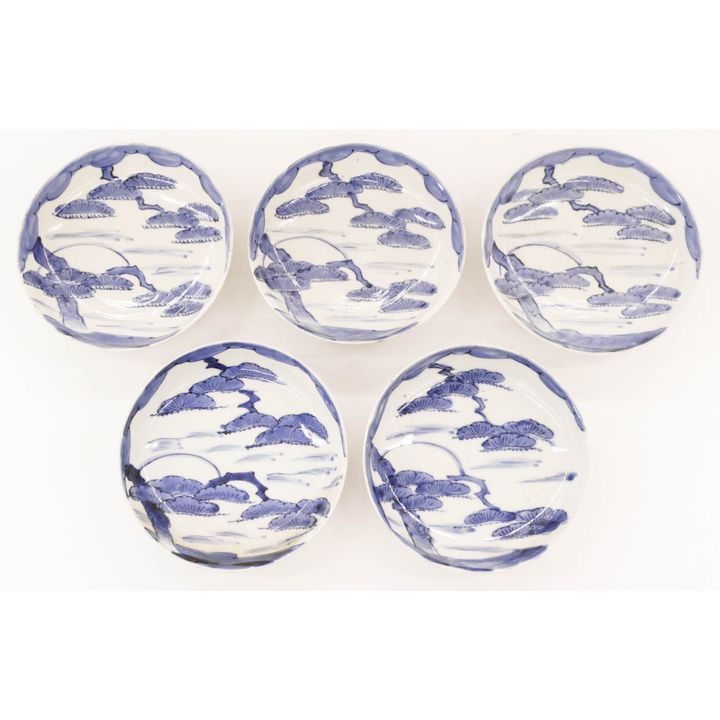 5pc Japanese 18th Cent. Sometsuke Pine Tree Low Bowls