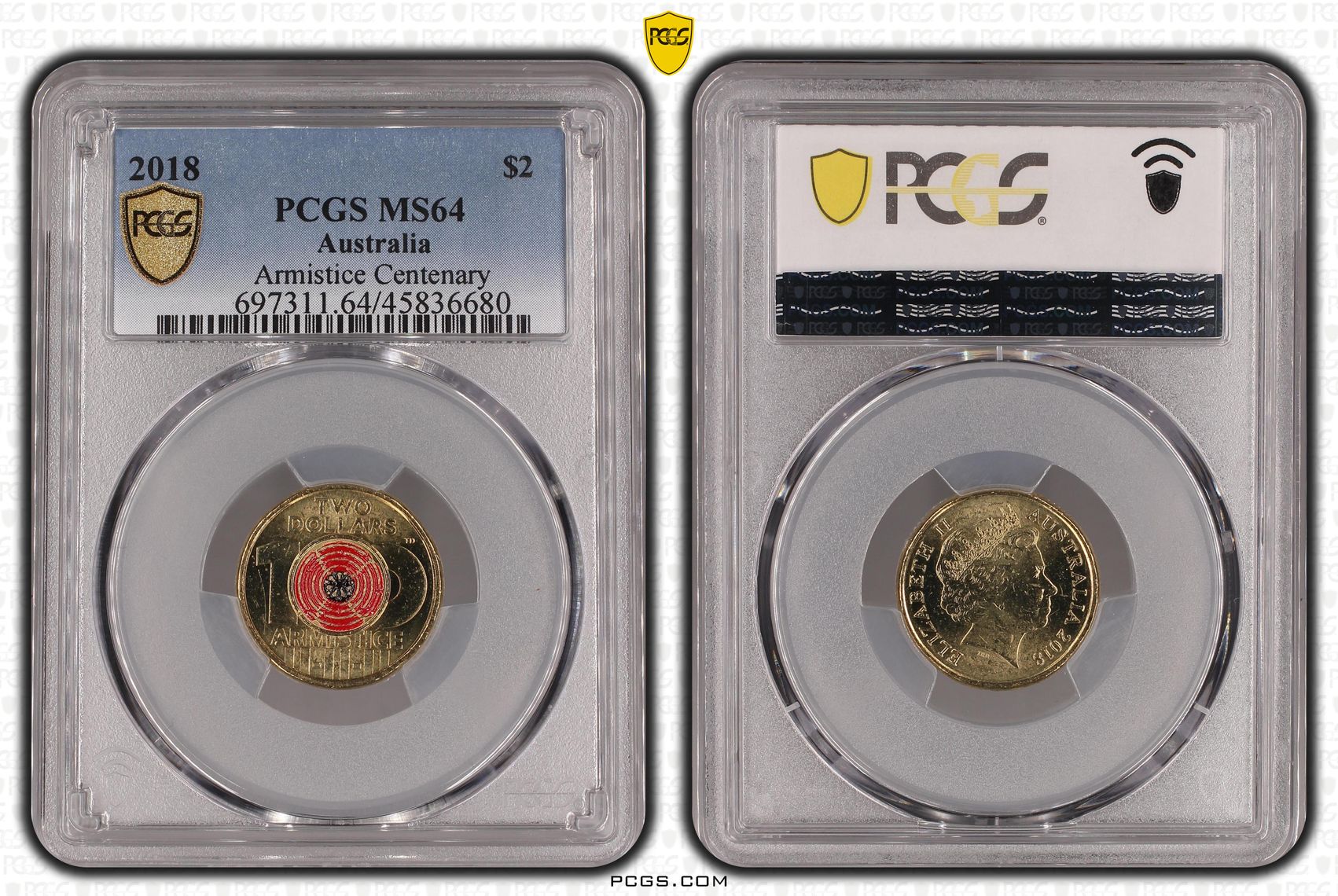 Armistice Centenary Colourised, Two Dollar, 2018, PCGS MS64