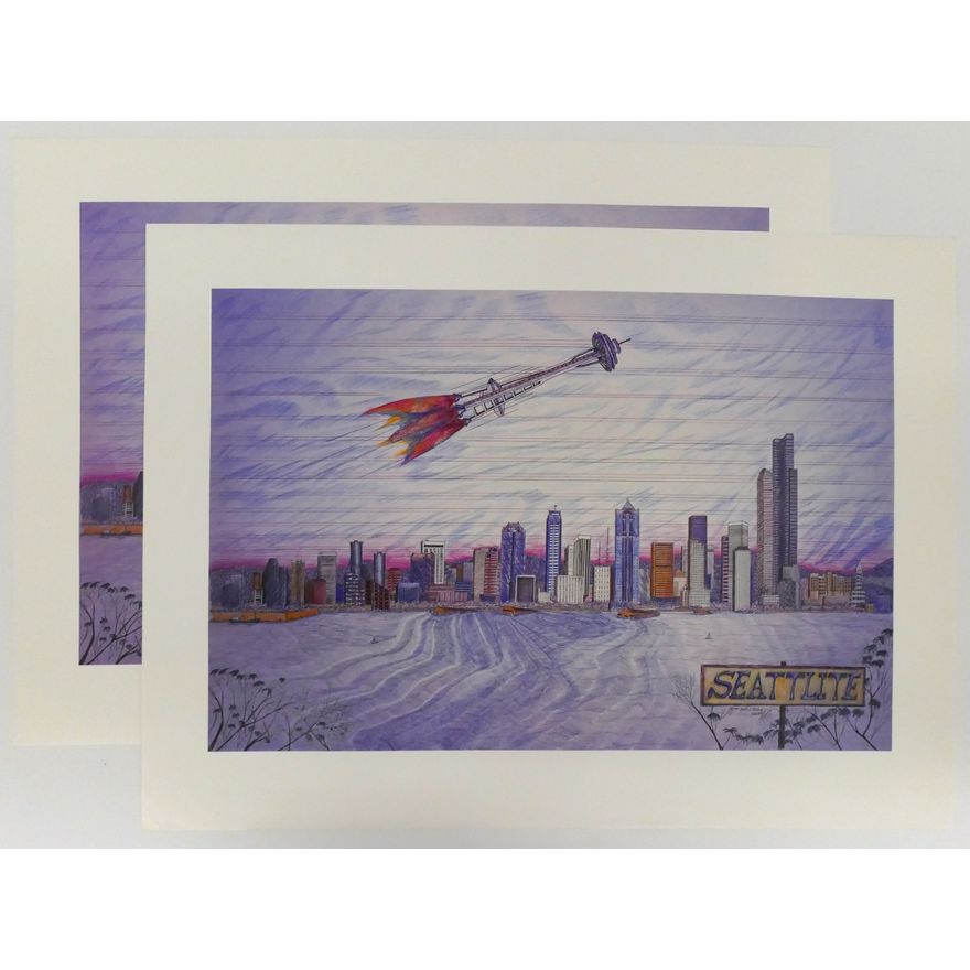 2pc Jack Rodney Space Needle Rocket Lithograph 1989 21''x 28.5''