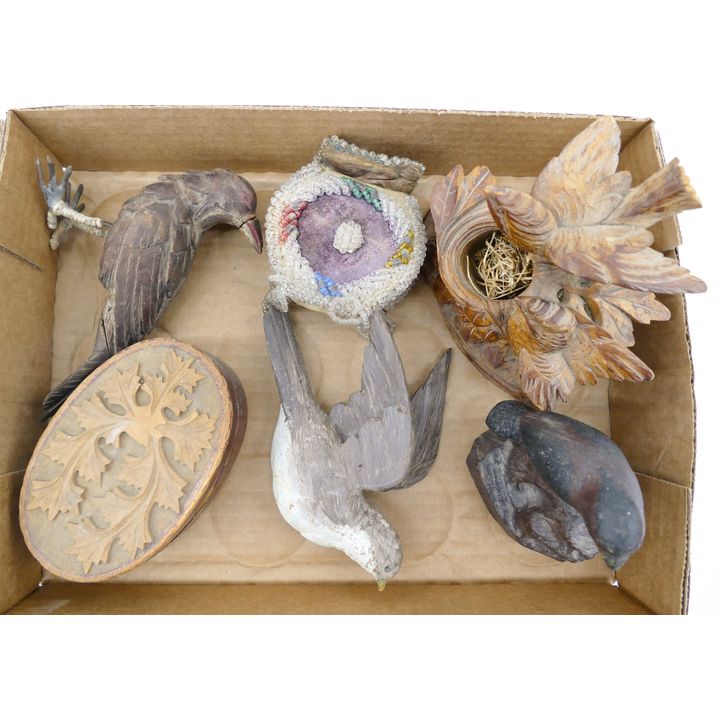 Box Antique Carved Wood Bird Ornaments Etc