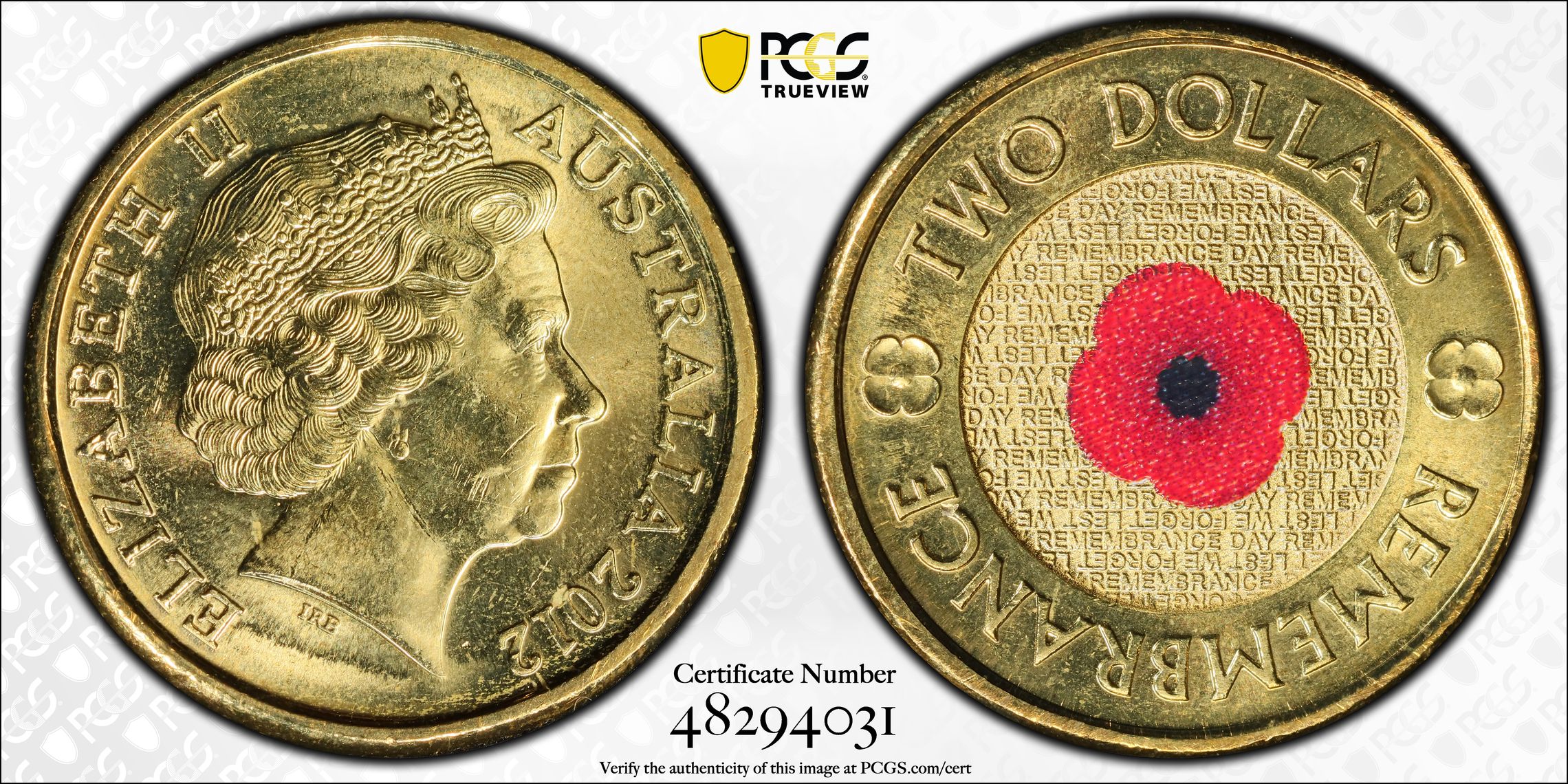 389 · Elizabeth II, Remembrance Day - Red Poppy, Two Dollar, 2012, PCGS MS65