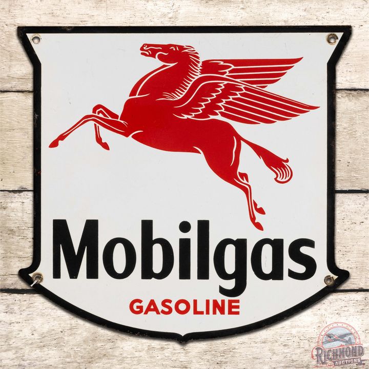 Mobilgas Gasoline SS Porcelain Pump Plate Sign Black Border West Coast