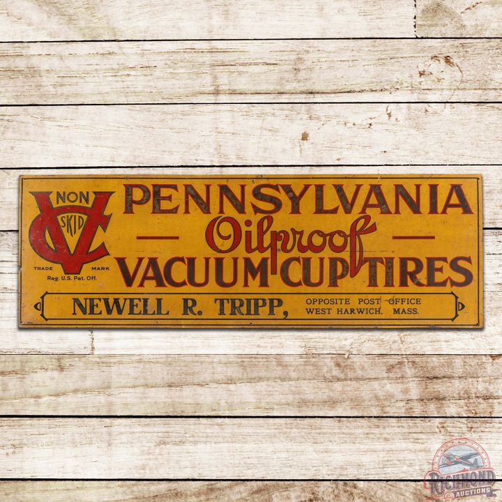 Early Pennsylvania Oilproof Vacuum Cup Tires Single Sided Tin Sign w/ Logo