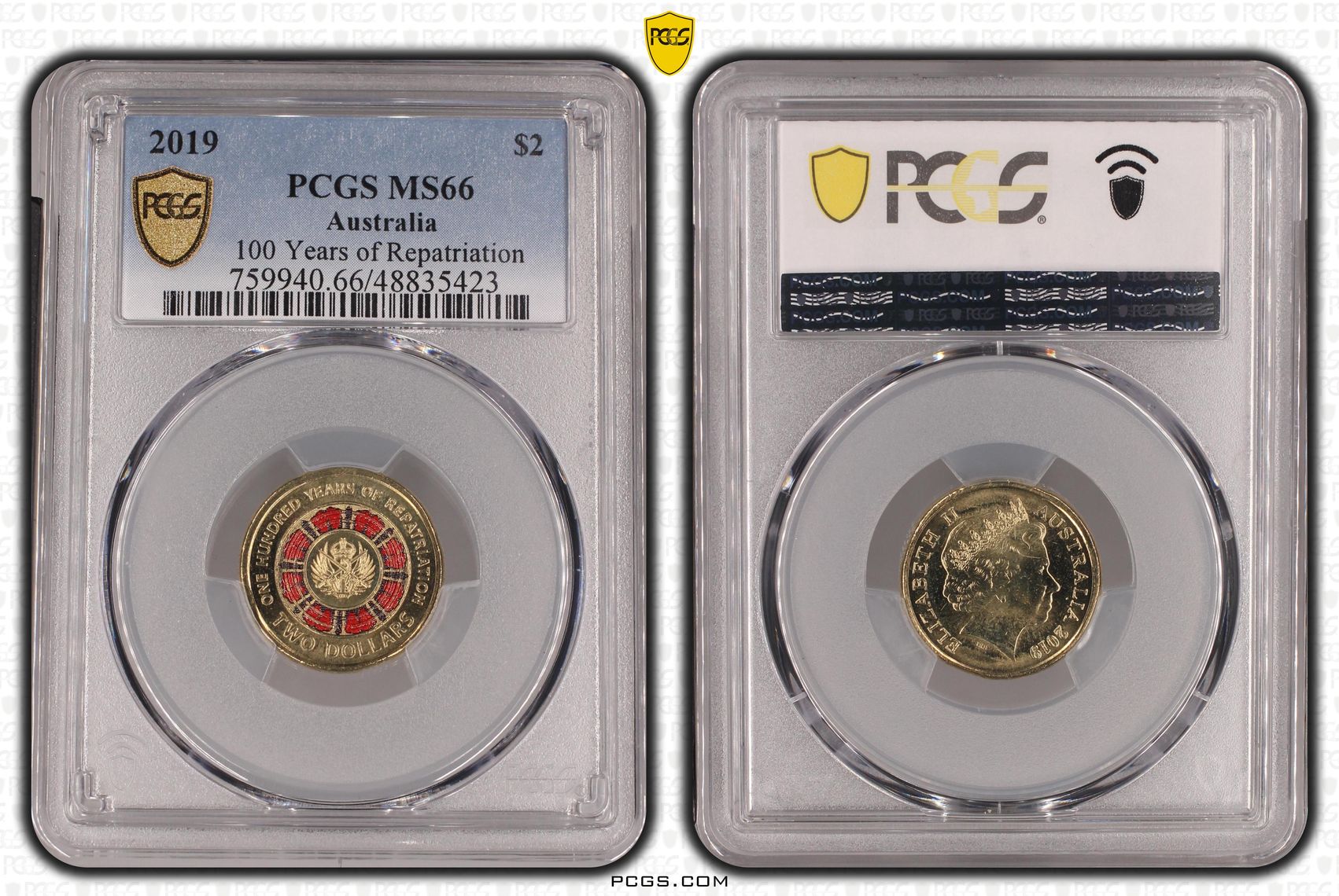 489 · Elizabeth II, 100 Years of Repatriation - Colorized , Two Dollar, 2019, PCGS MS66
