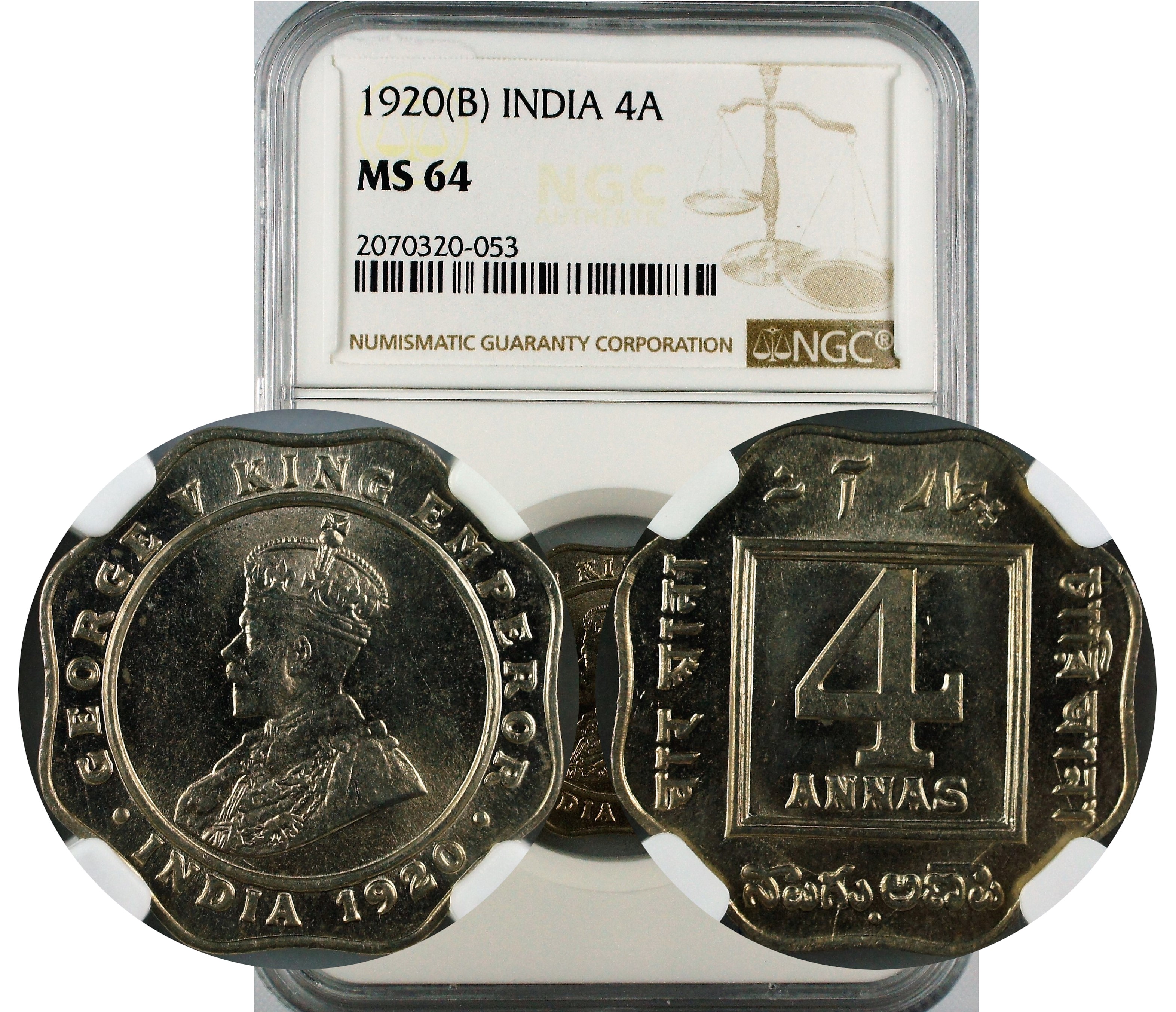 India British 1920 B 4 Anna NGC MS64