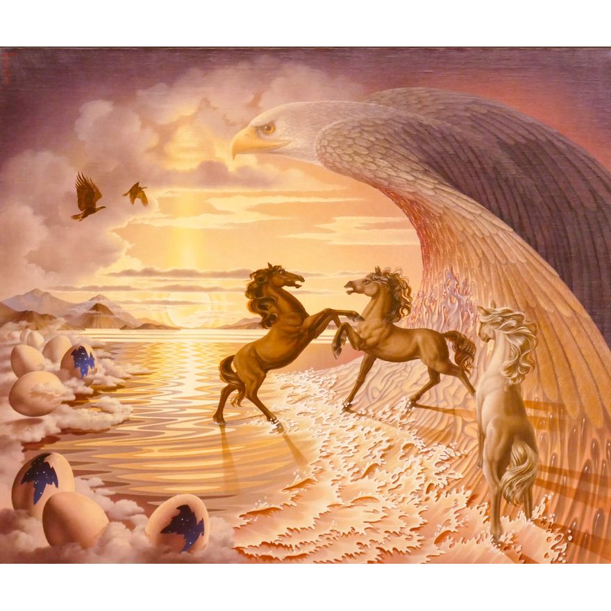 Ilene Meyer (1939-2009 Washington) Eagles and Horses Surrealist Oil on Canvas 1981 Framed- 42x50''