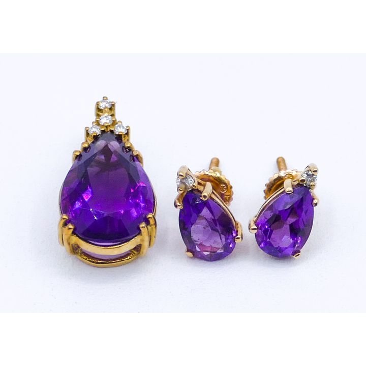 Ladies 14k Amethyst & Diamond Pendant Earring Set 12-22mm - 5.5 Grams