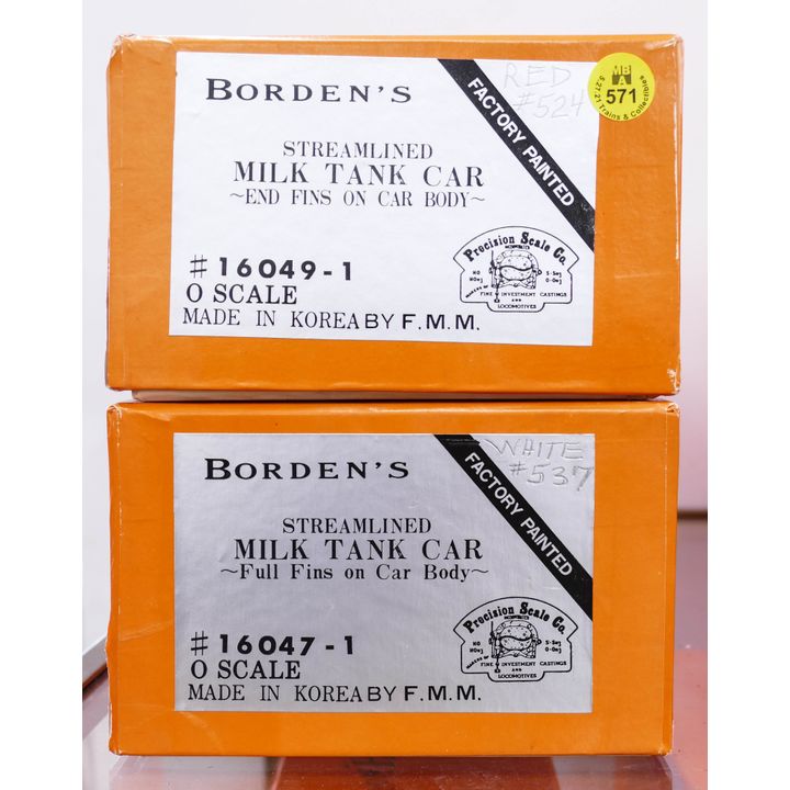 2pc Precision Scale Co. Brass Milk Tank O Gauge Train Cars- In boxes- painted and used