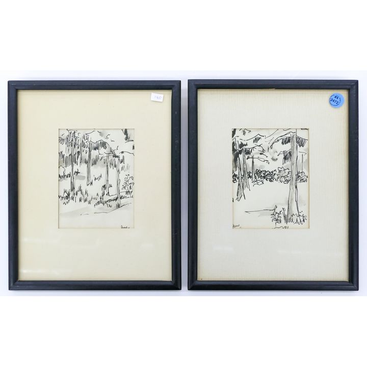 Pair Phillip Levine ''Landscape'' 1971 Seattle Ink/Watercolor