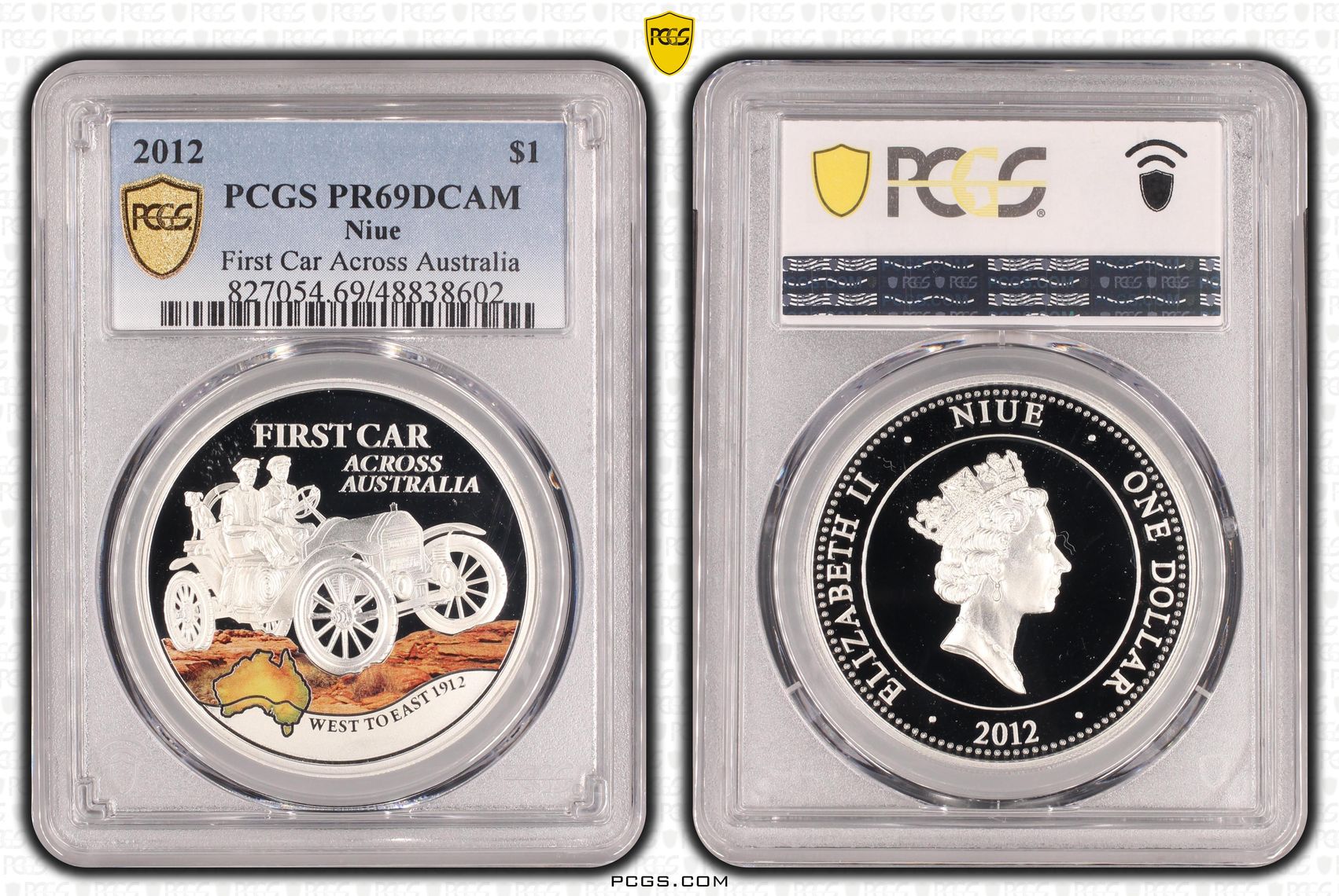 Niue, First Car Across Australia, POP 2/0, One Dollar, 2012, PCGS PR69DCAM