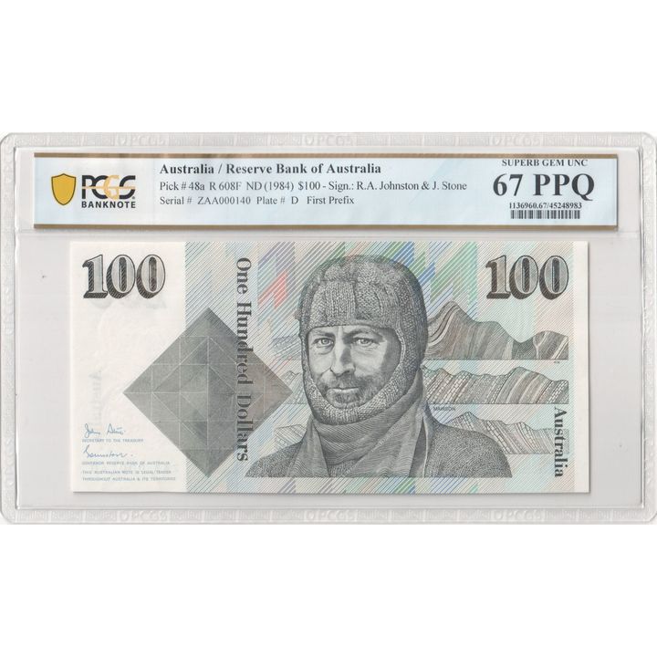 1984 Australia $100 Banknote Johnston/Stone Superb Gem Unc 67 PPQ First Prefix - R.608F