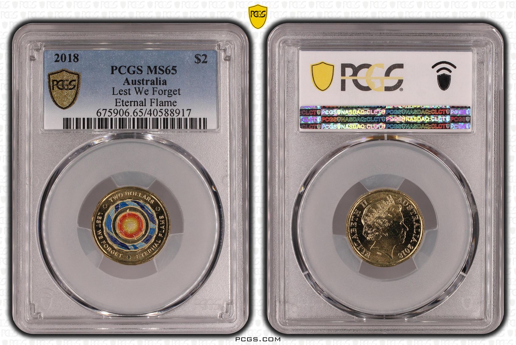 488 · Lest We Forget Eternal Flame Colourised, Two Dollar, 2018, PCGS MS65