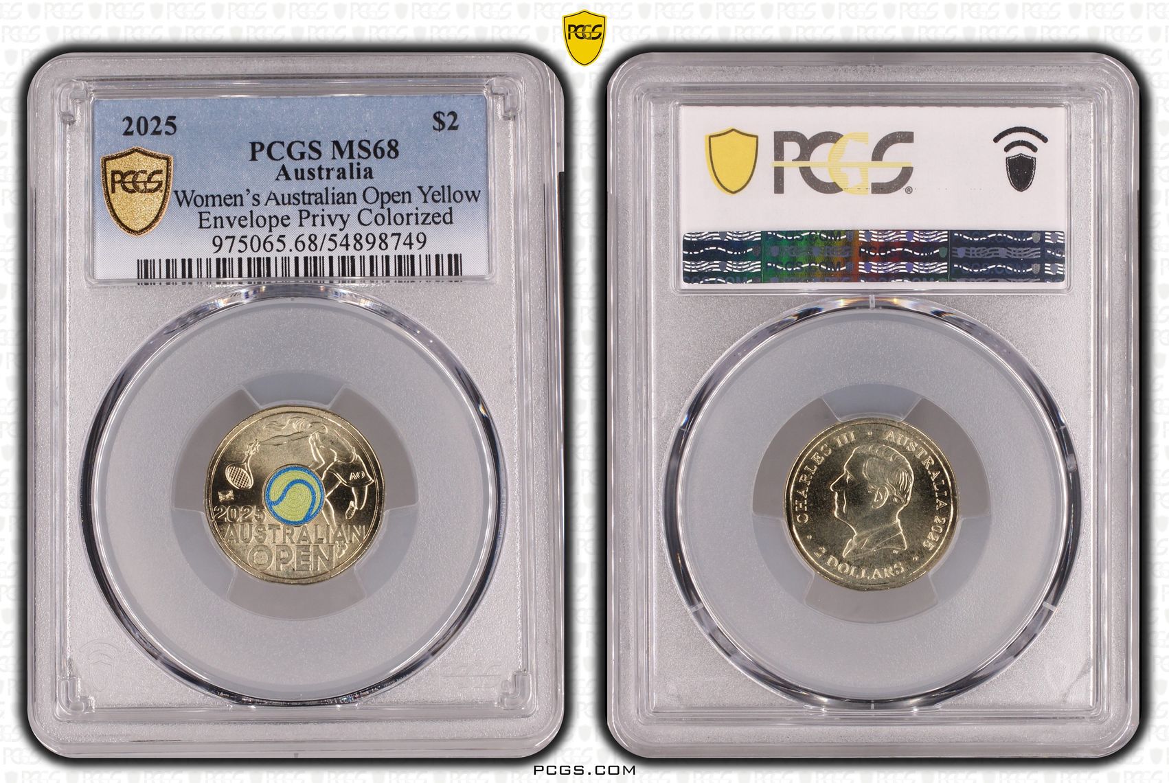 Women's Australian Open Yellow Envelope Privy Colourised, Two Dollar, 2025, PCGS MS68