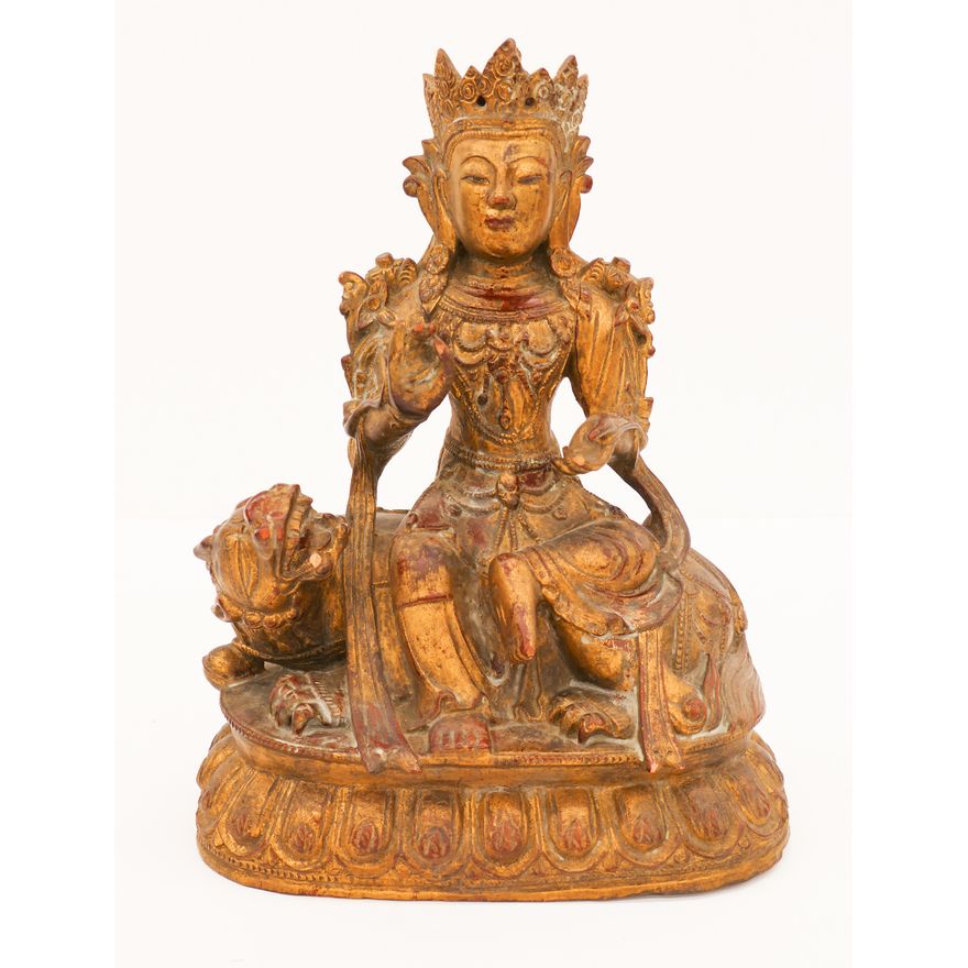 Old Tibetan Gilt Maitreya Riding a Qilin