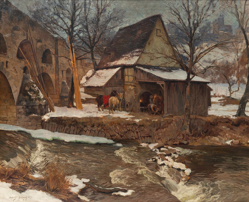 Rudolf Schacht 
(German, 1900-1974)
House by River with Horse Barn, 1933