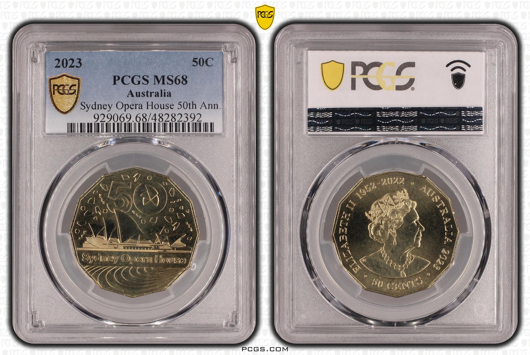 216 · Elizabeth II, Sydney Opera House 50th Ann. , Fifty Cent, 2023, PCGS MS68