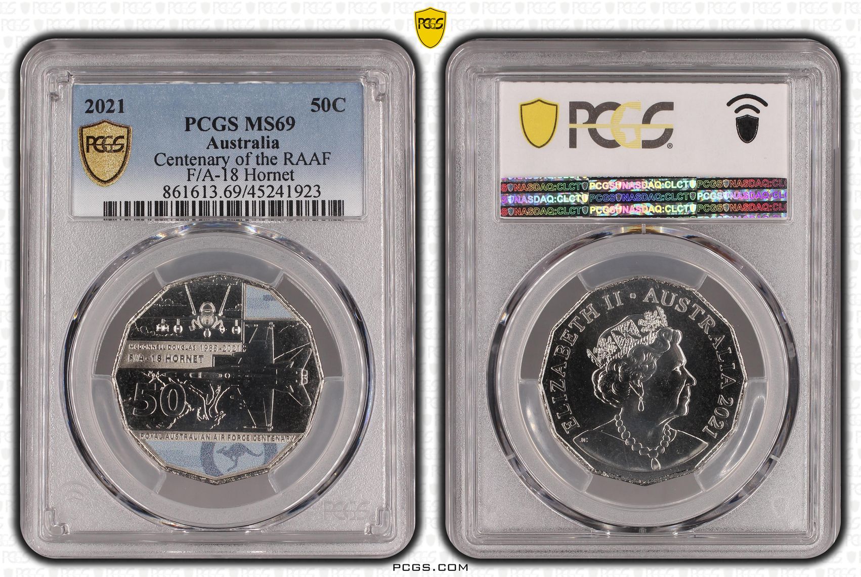 2021 Australia Fifty Cent, 50c Centenary of the RAAF F/A-18 Hornet PCGS - MS69 POP 6/0 -923