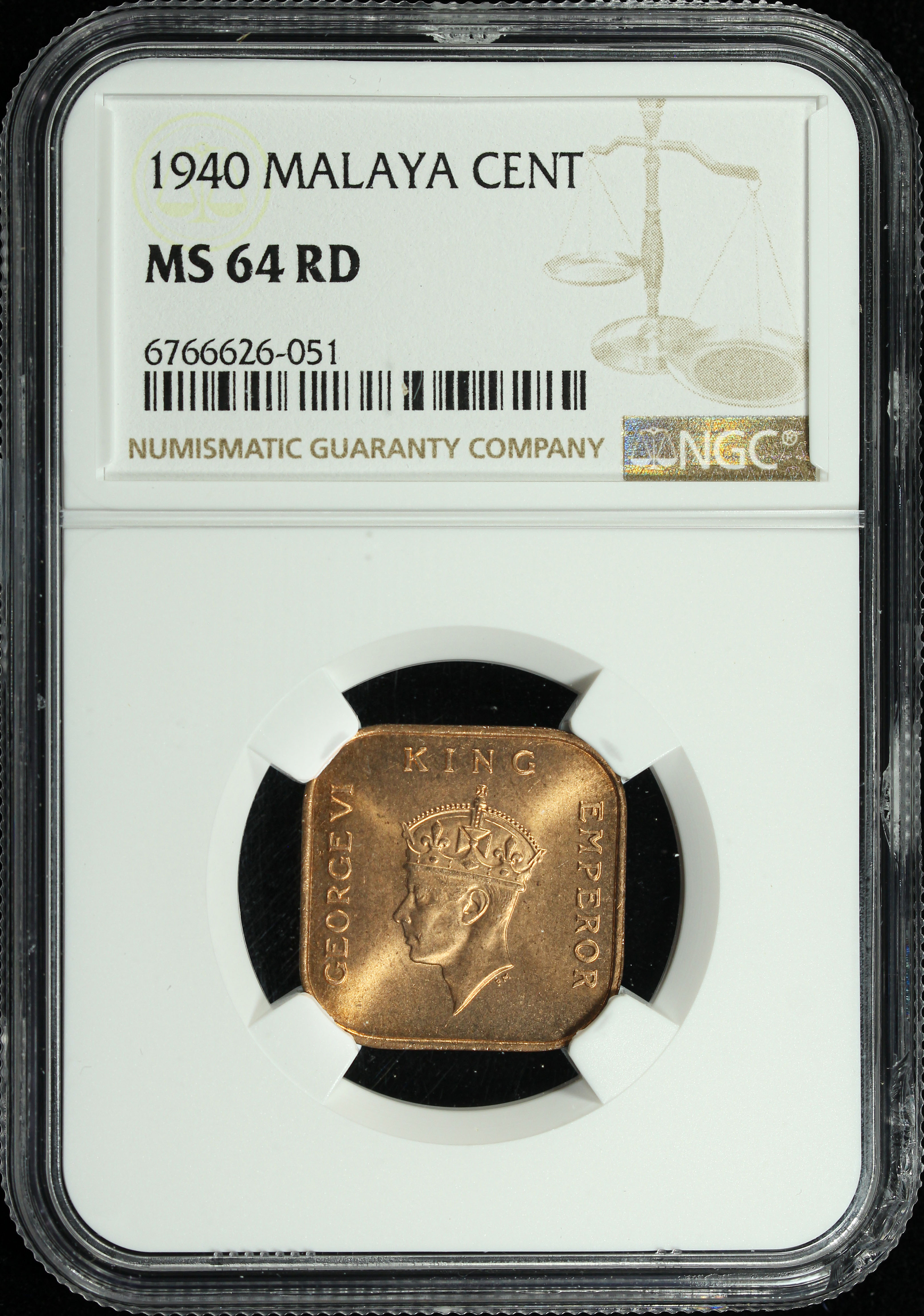 高鑑定　美品　NGC-MS64RB　マラヤ 1セント　銅貨　1940 Malaya, KG VI, 1940, 1 Cent, NGC MS64RD. | Unique World Coin Sdn Bhd