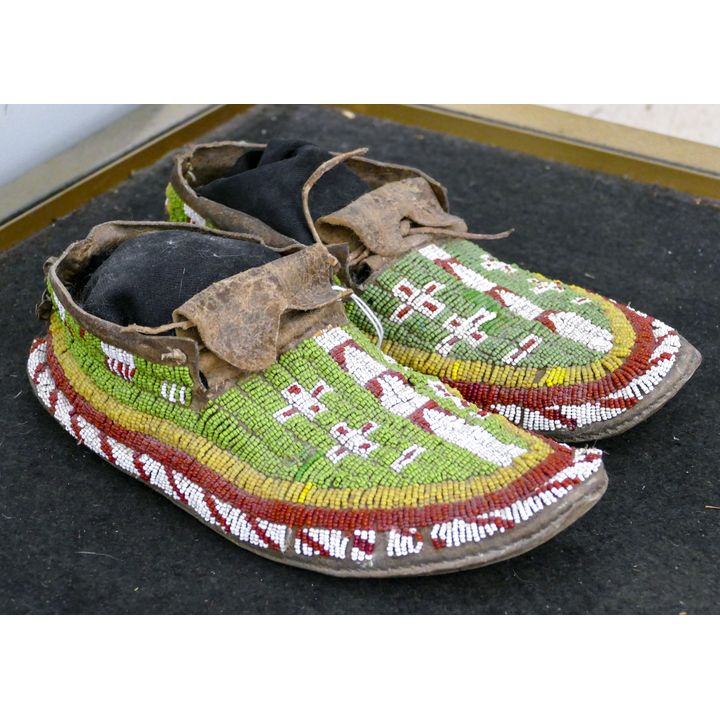 Pair Antique Plains Indian Green Beaded Moccasins 11''
