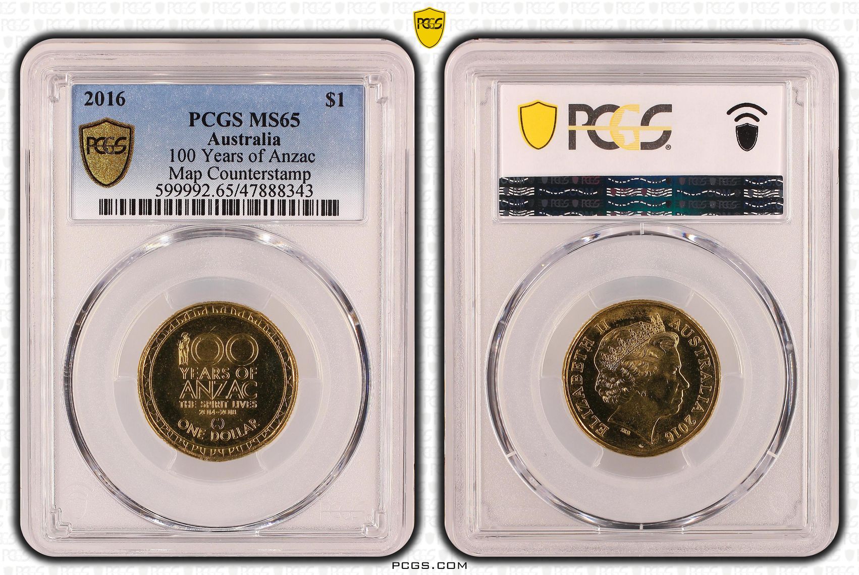 100 Years of Anzac, Map Counterstamp, One Dollar, 2016, PCGS MS65