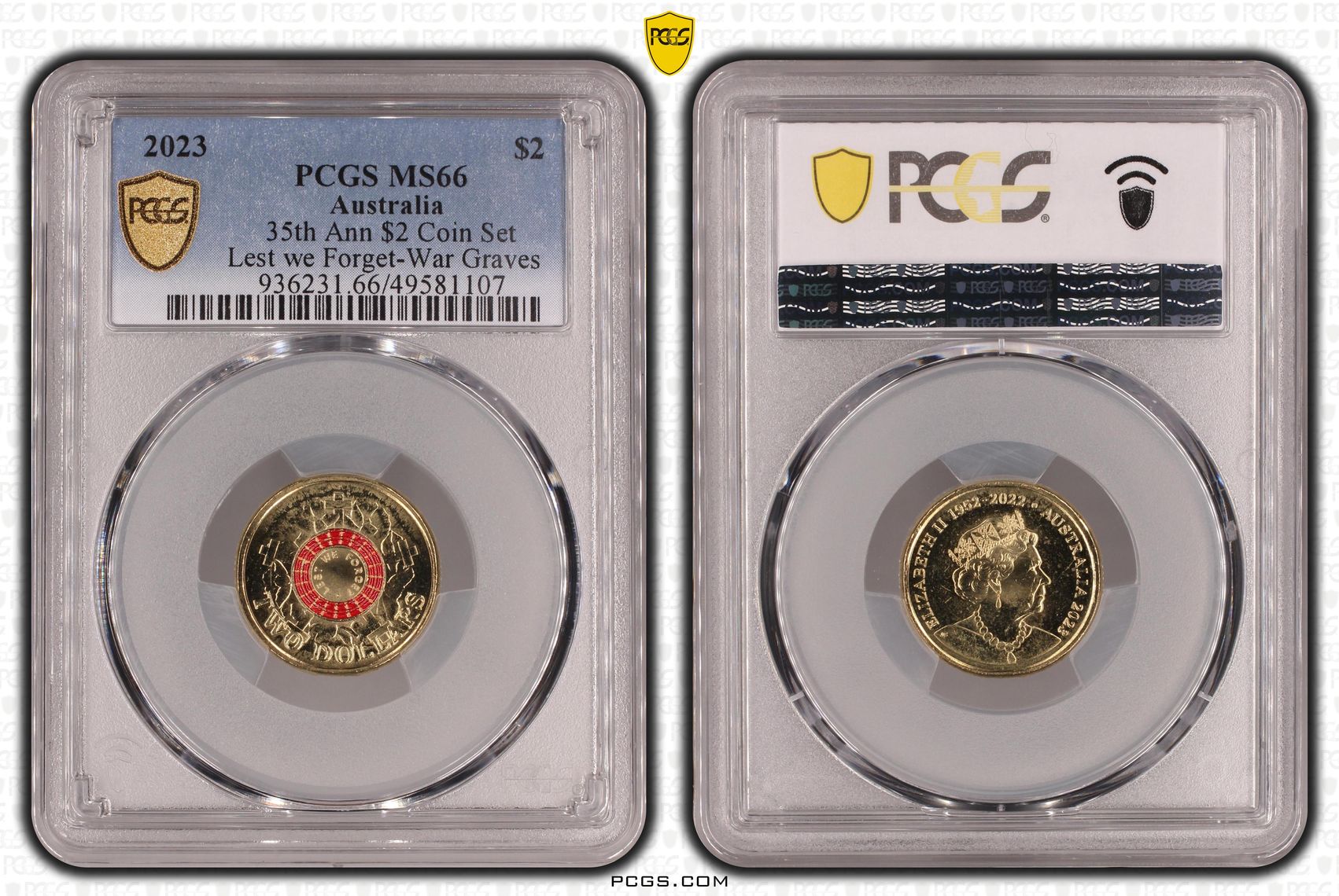 Elizabeth II, 35th Ann $2 Coin Set Colorized Lest we Forget-War Graves , Two Dollar, 2023, PCGS MS66