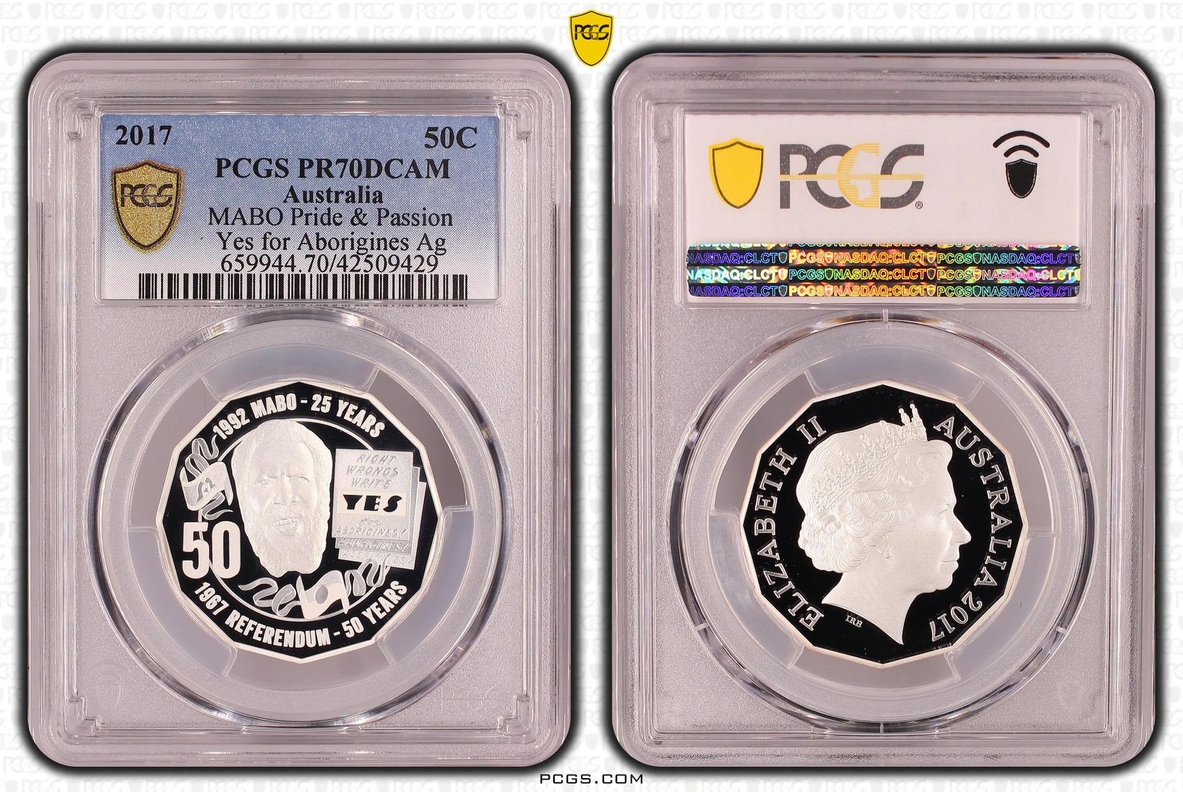MABO Pride & Passion - Yes for Aborigines Ag, Fifty Cent, 2017, PCGS PR70DCAM
