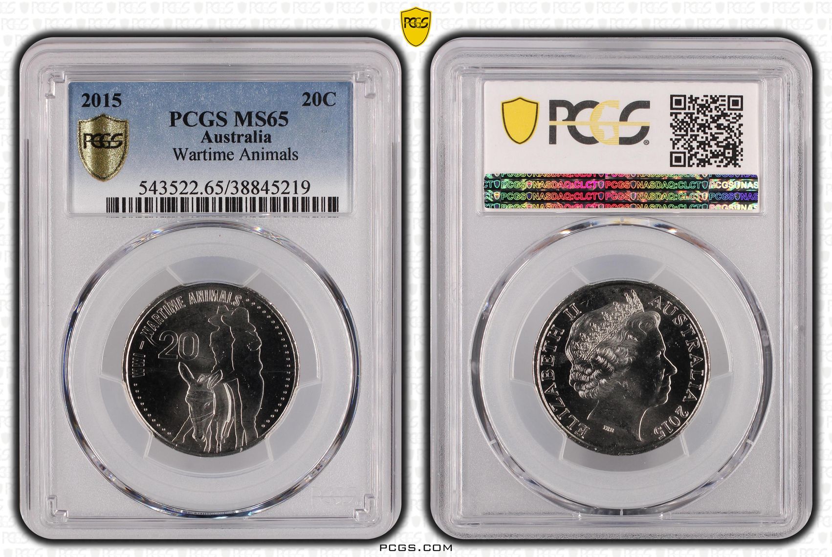 2015 Australia Twenty Cent, 20c Wartime Animals PCGS - MS65 -219